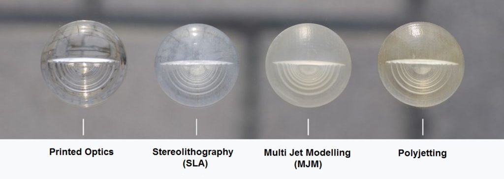 A picture by 3DPrinting.Lighting showing a benchmark of clear 3D print resins, ranging from optically clear to semi-transparent