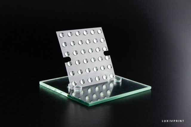 Image of 3D printed optical lens array by Luximprint used as header image for blog post on DLP 3D Printing lens arrays