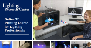 Online LRC Course 3D Printing for Lighting Professionals Image showing young LRC professionals and 3D printing process, used as header image for Online LRC 3D Printing Course