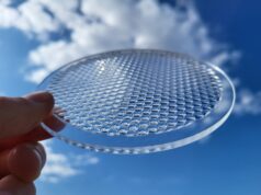 LUX Crystalline by Luximprint: Crystal Clear Optics with high UV-stability and Strong Impact Resistance Image showing 3D Printed Optical Lens with hexagonal lens structures manufactured by Luximprint